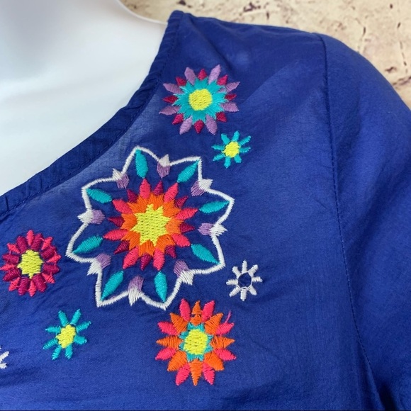 Lands End Blue Floral Embroidered Short Sleeve Top - Picture 4 of 12